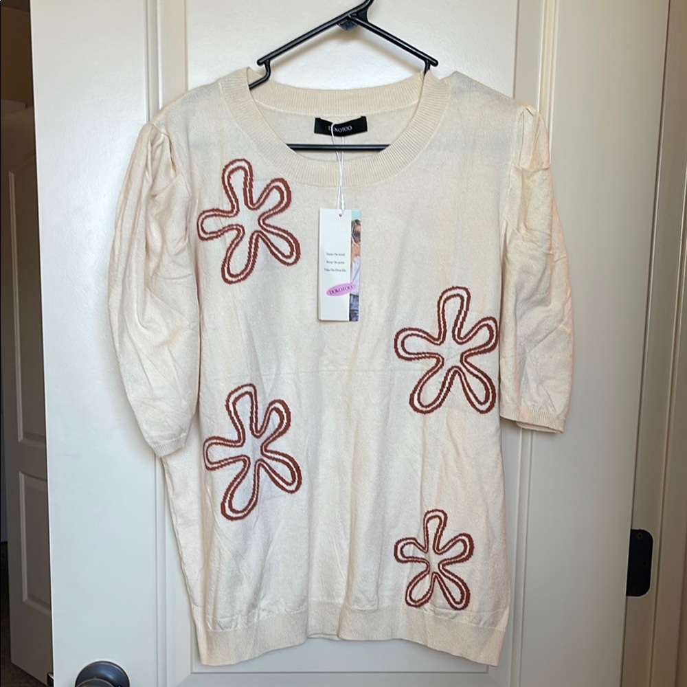 Cream Blouse with Brown Floral Accents